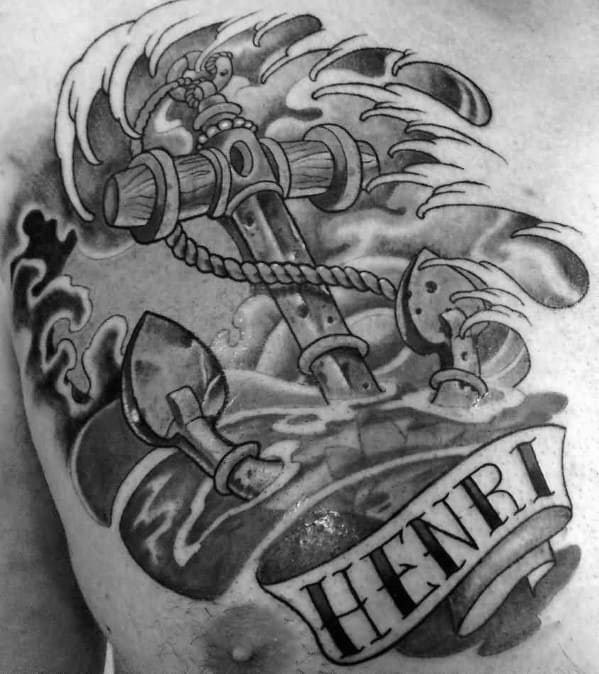 3d Splashing Ocean Waves With Anchor Memorial Banner Male Chest Tattoo