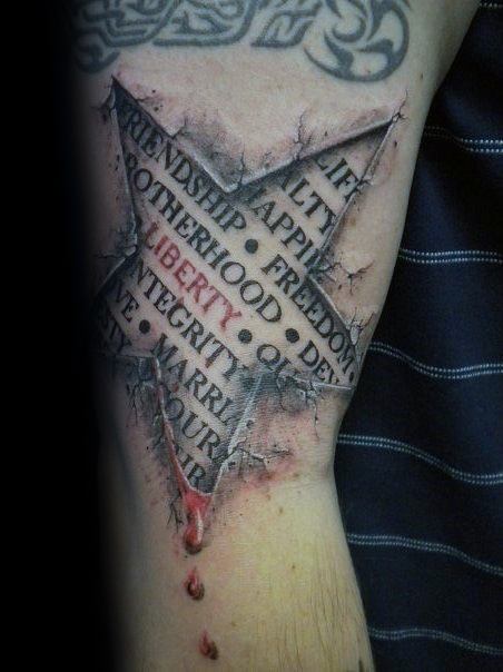 3D ripped skin star tattoo revealing powerful words like liberty, integrity, and freedom, with a realistic blood drop detail.