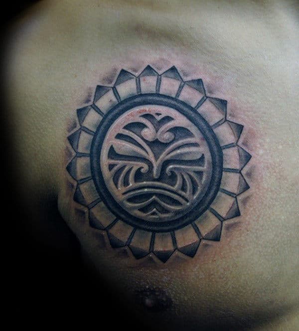 3d Stone Taino Chest Tattoos For Gentlemen