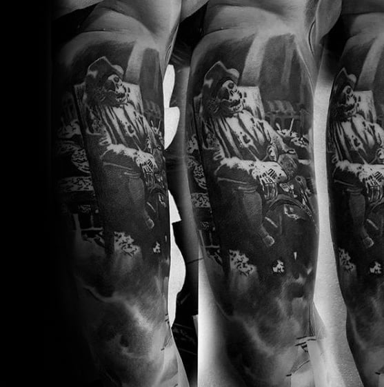 3d Sweet Arm Tattoo For Men With Pirate Sitting In Chair Design