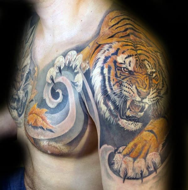 3d Tiger With Leaf Blowing In The Wind Mens Sweet Chest And Arm Tattoos