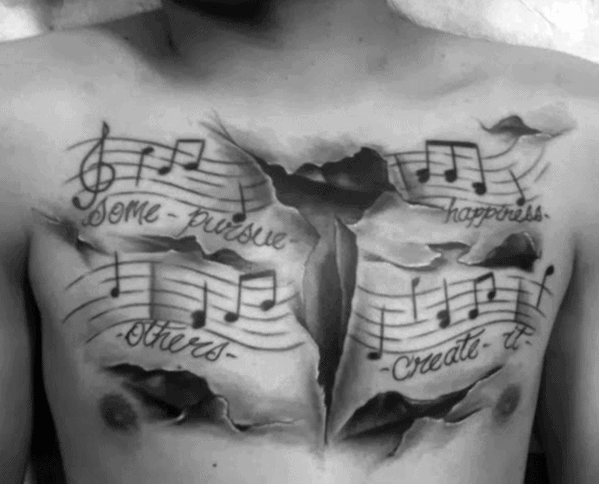 3d Torn Paper Chest Mens Cool Music Staff Tattoo Ideas