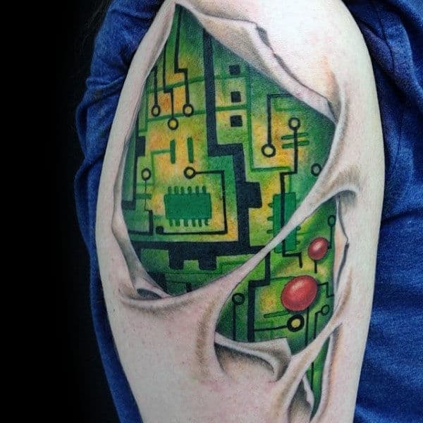 3d Torn Skin Circuit Board Tattoo On Mans Upper Arm