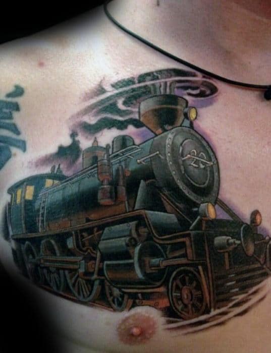 3d Train Guys Upper Chest Cover Up Tattoo Design Ideas