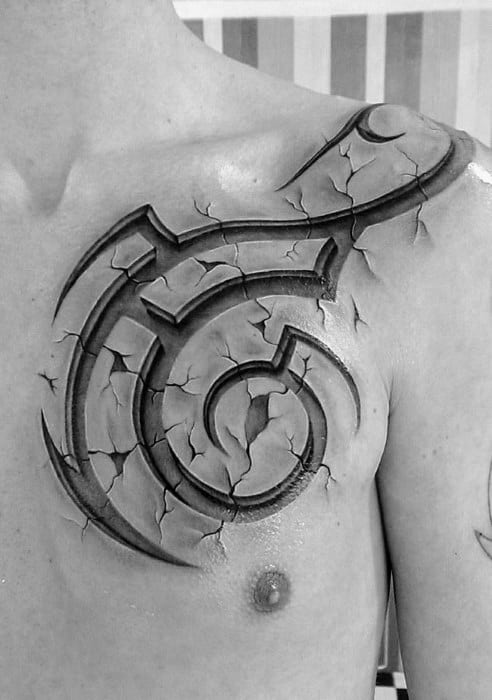 3d Ultra Realistic Mens Sick Shoulder And Chest Stone Tattoos