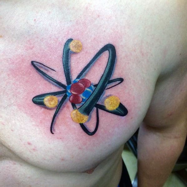 3d Upper Chest Mens Atom Tattoo With Electrons And Neutrons