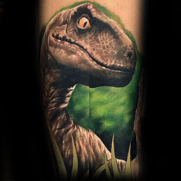 3d Velociraptor With Green Watercolor Background Mens Tattoo