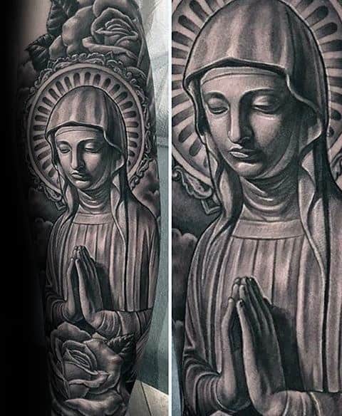 3d Virgin Mary Black And Grey Ink Sleeve Tattoo Designs