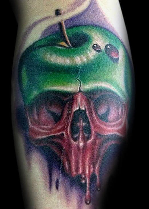 3d Water Drop On Green Apple With Skull Mens Bicep Tattoos