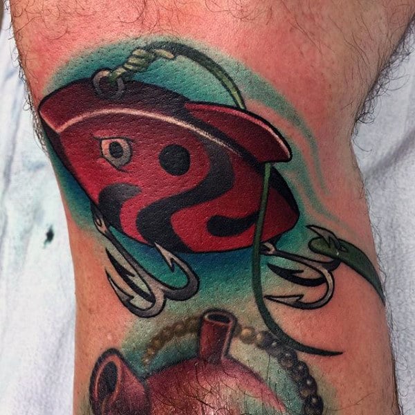 3d Watercolor Mens Fish Hook Underwater Toatto Design On Leg