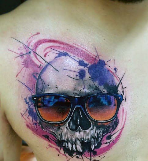 3d Watercolor Skull With Sunglasses Male Tattoos On Upper Chest