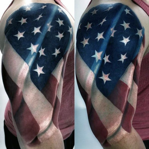 3d Waving American Falg Awesome Guys Half Sleeve Tattoos