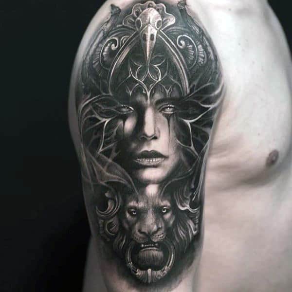 3d Window Female Portrait Creative Half Sleeve Shaded Tattoos For Men
