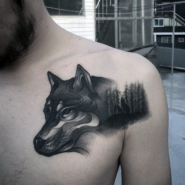 3d Wolf Chest And Shoulder Mens Animal Tattoos With Black Shaded Ink
