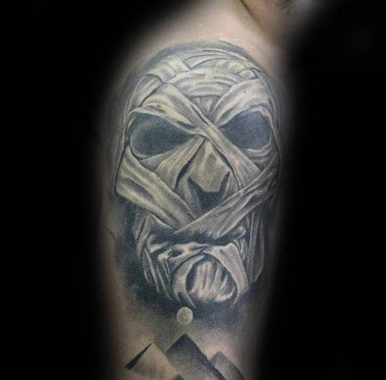 3d Wrapped Mummy Head Mens Upper Arm Tattoo