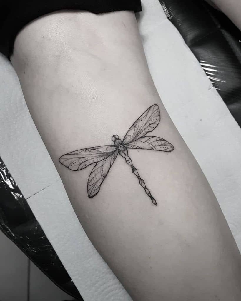 Delicate fine-line dragonfly tattoo on the arm, featuring intricate wing details and subtle shading for a minimalist look.