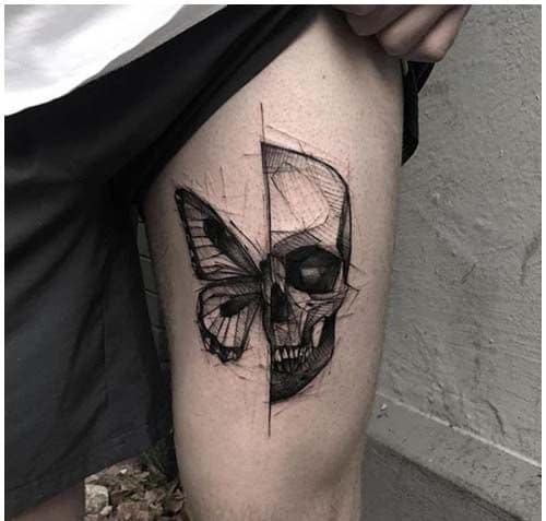 Striking black and grey thigh tattoo blending a butterfly and skull with a geometric split design, symbolizing duality and transformation.