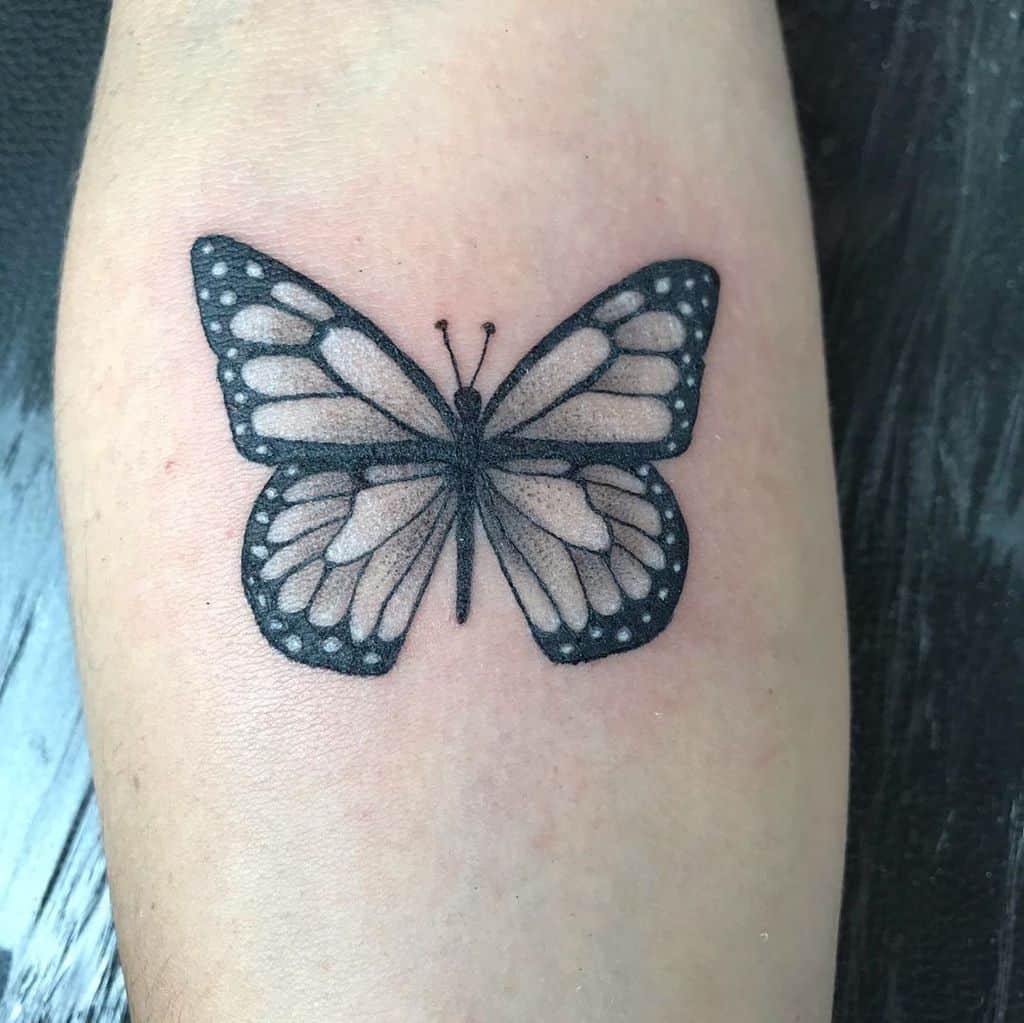 Delicate black and grey butterfly tattoo with fine dot work and shading, creating a soft and elegant look.