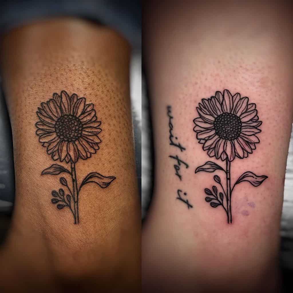 Matching black ink sunflower tattoos on different skin tones, with fine line details and 'wait for it' script on one design.