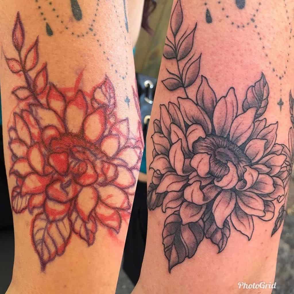 Before-and-after of a sunflower tattoo cover-up, showing an initial red sketch transformed into a bold black and grey floral design with shading.