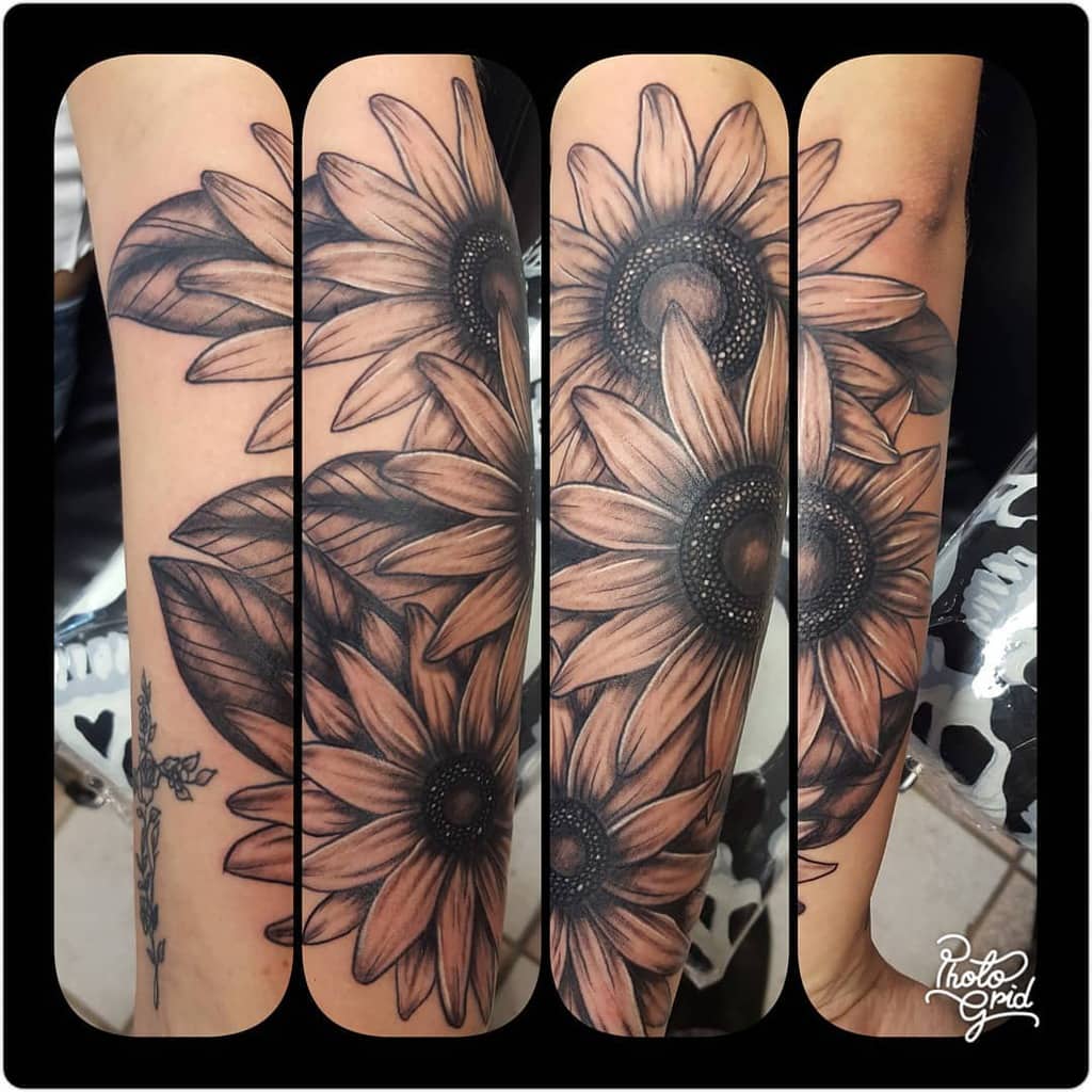 Full-sleeve sunflower tattoo in black and grey with detailed shading, large petals, and bold leaves, shown in a four-panel collage.
