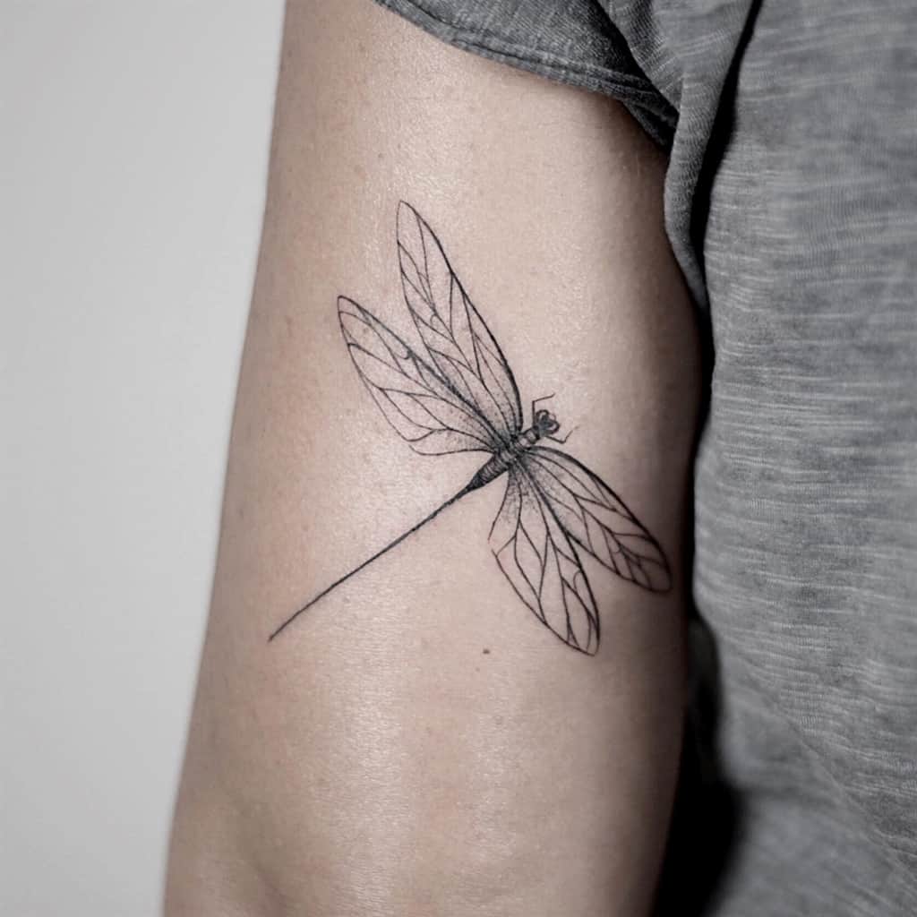 Fine-line dragonfly tattoo on the upper arm, featuring delicate wing details and a minimalist design for an elegant look.