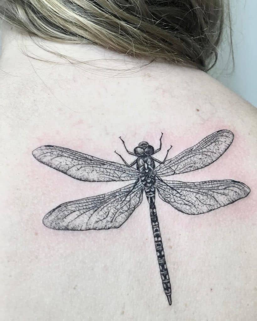 Detailed black ink dragonfly tattoo on upper back. The fine linework captures intricate wing patterns and realistic body shading.
