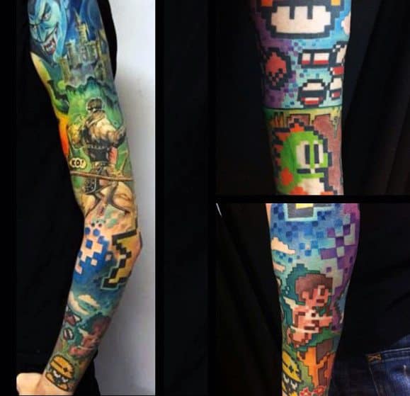 8 Bit Full Arm Sleeve Tattoo Design Inspiration For Males