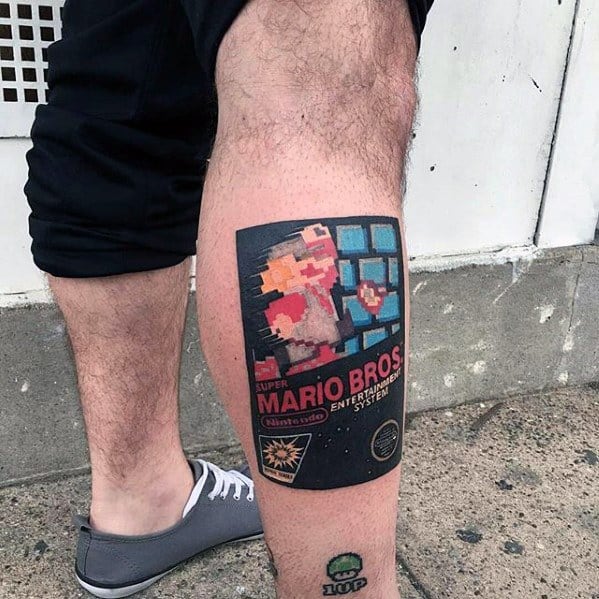 8 Bit Mario Bros Mens Side Of Leg Tattoo Ideas