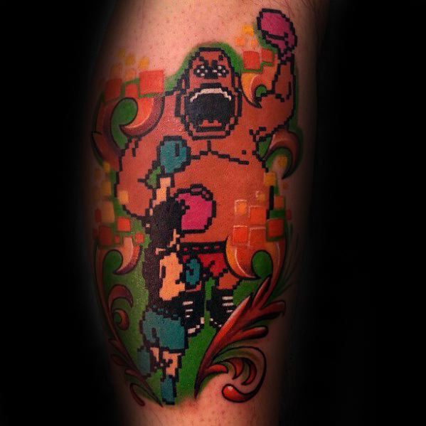 8 Bit Old School Guys Retro Leg Tattoo