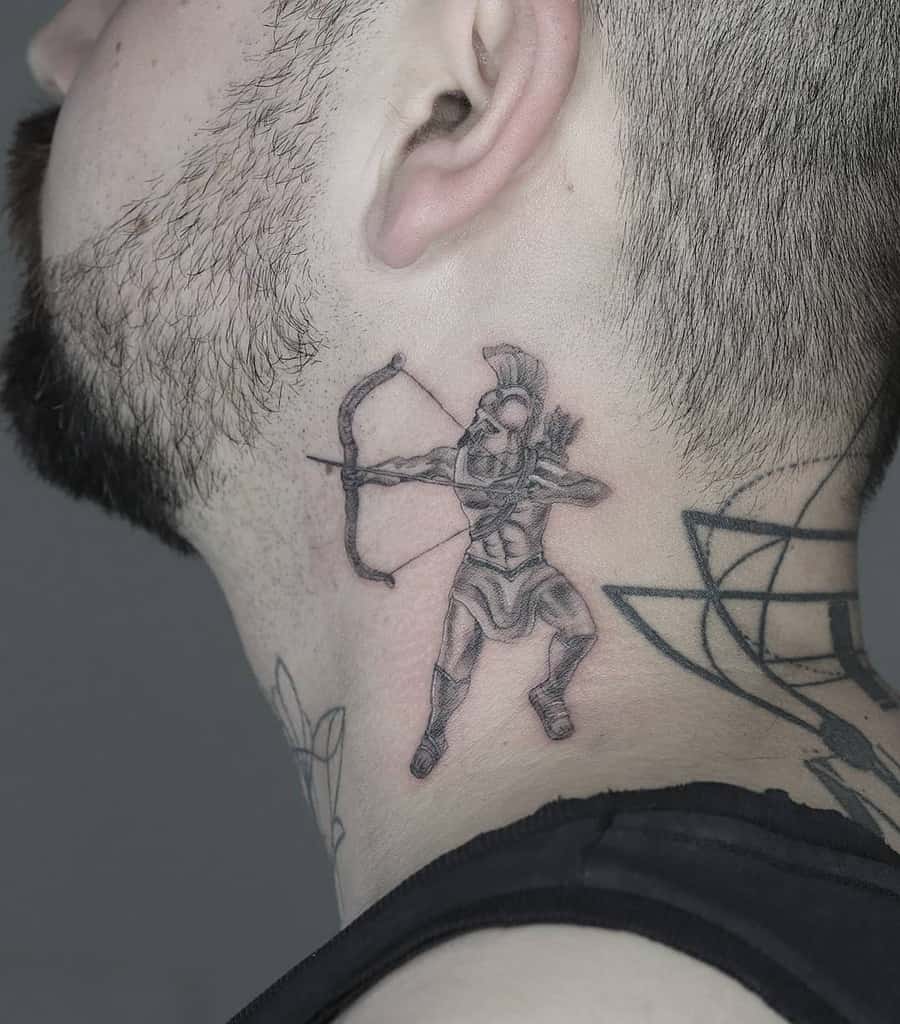 Neck tattoo of a warrior with a bow and arrow, wearing a helmet and armor, intricately crafted with single needle precision