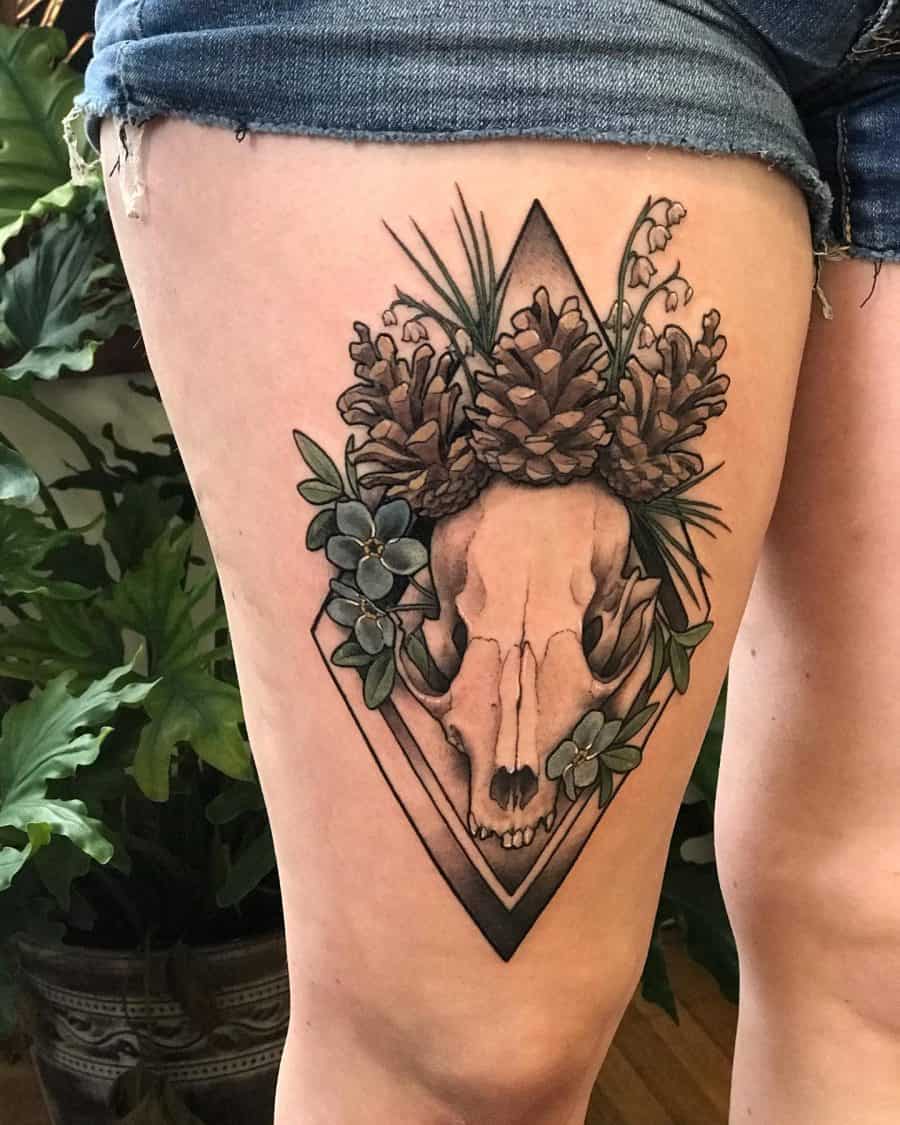 Abstract Animal Skull Thigh Pinecone Floral Tattoo Womens