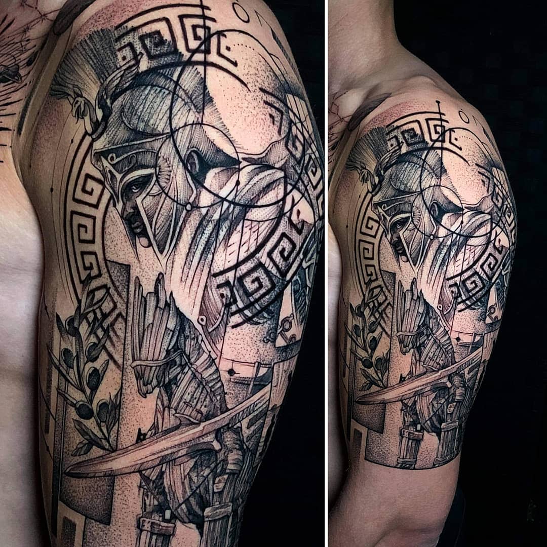 Detailed half sleeve tattoo depicting Achilles wearing a helmet and holding a sword amidst intricate geometric patterns