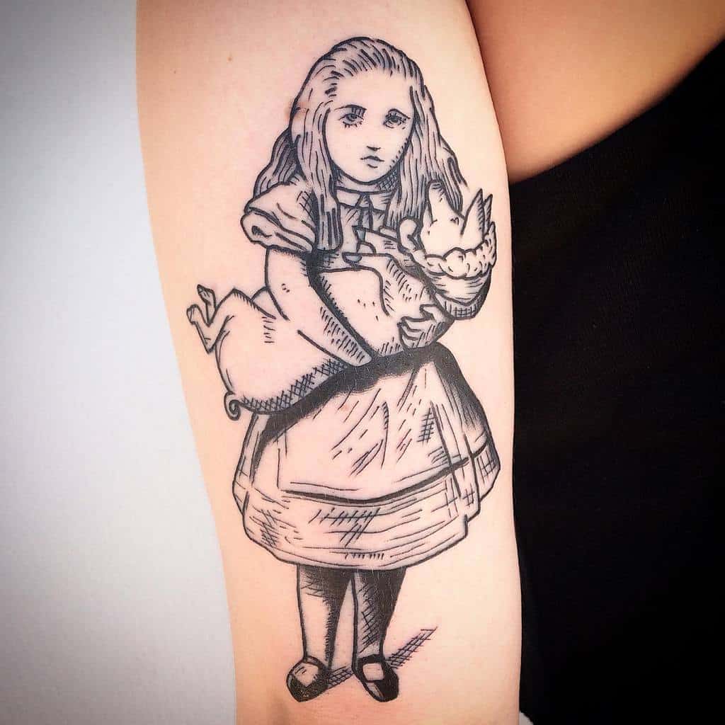 Black and white tattoo of Alice from Alice in Wonderland, holding a white rabbit, depicted in a classic, vintage illustration style