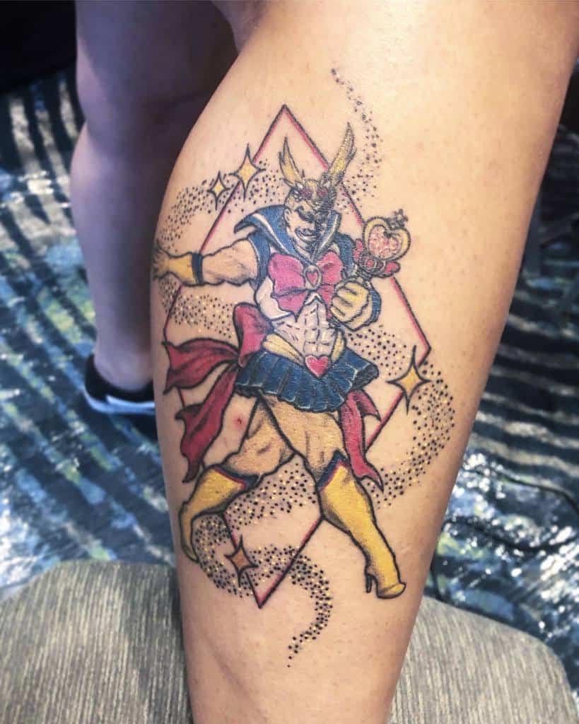 Funny tattoo of All Might from My Hero Academia dressed as Sailor Moon, holding a heart-shaped wand with sparkles and a dotted design with diamond background