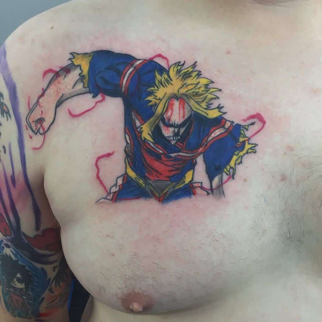 Colorful tattoo of All Might from My Hero Academia in his battle-worn form, with intense shading, red energy lines, and dynamic pose