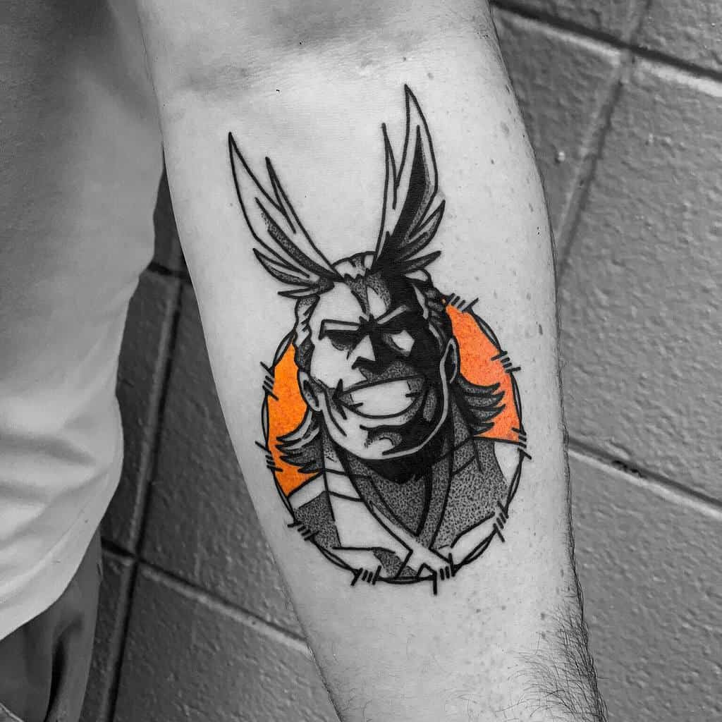 Black and grey tattoo of All Might from My Hero Academia with a bold orange background, featuring comic-style shading and line work