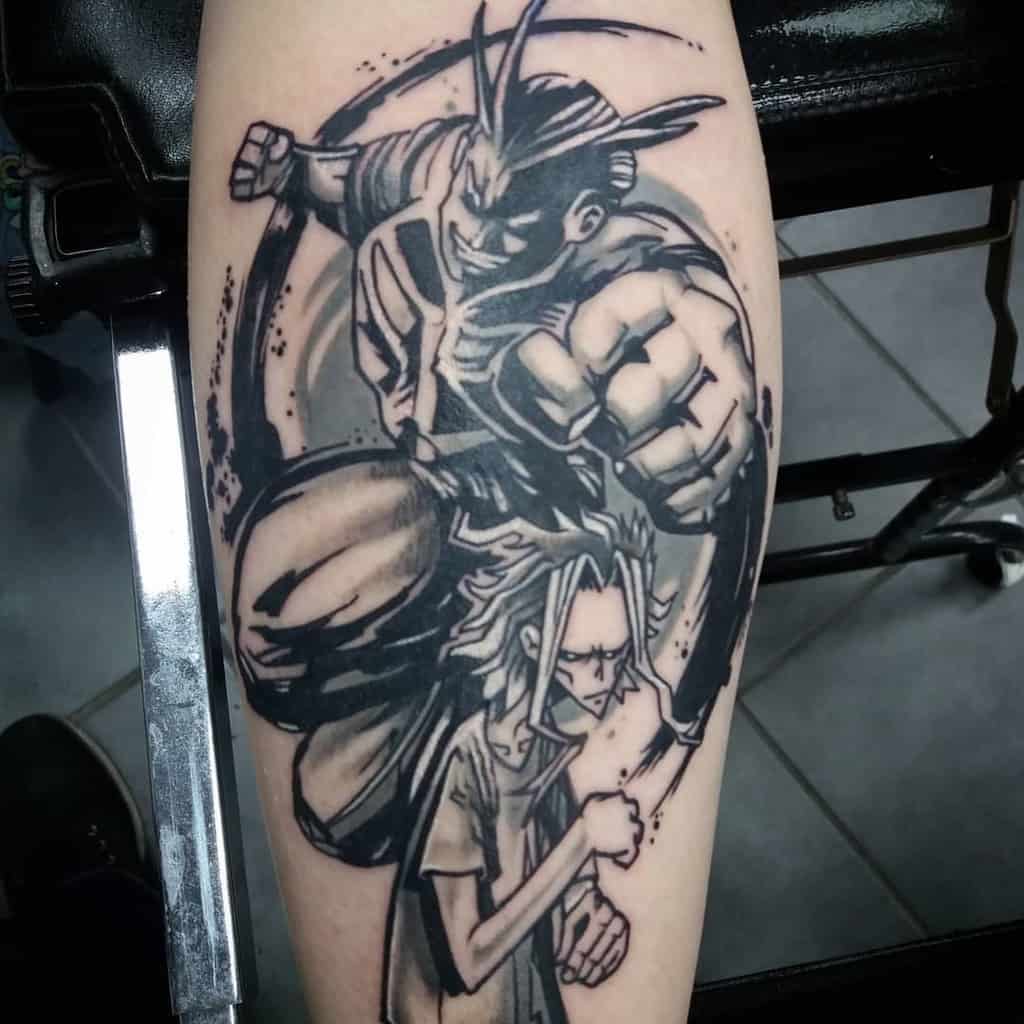 Black and grey tattoo of All Might from My Hero Academia, showing his powerful form punching forward with his weaker form below