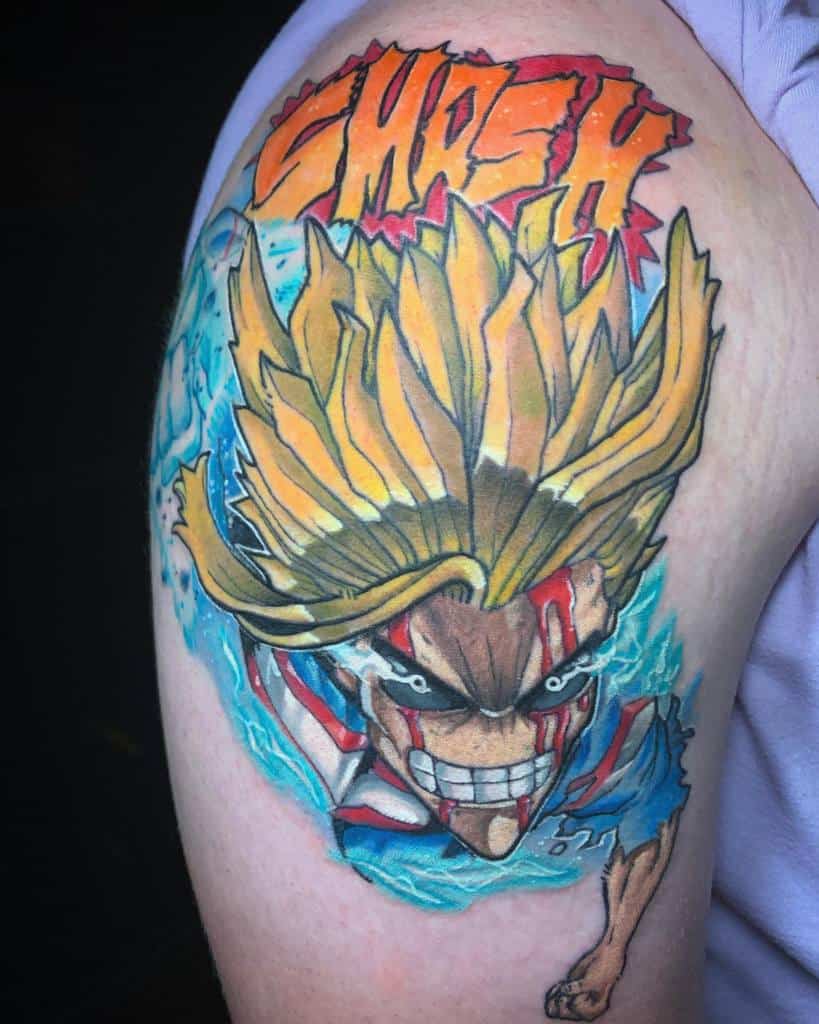 Colorful tattoo of All Might from My Hero Academia charging forward with intense energy, golden hair, and 'SMASH' text in bold letters