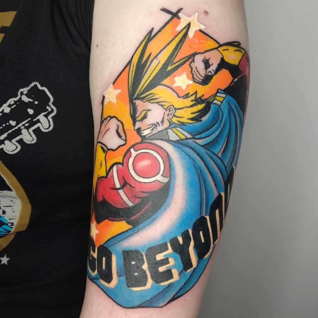 Colorful tattoo of All Might from My Hero Academia, flexing with a determined look, bright orange background with stars and 'Go Beyond' text