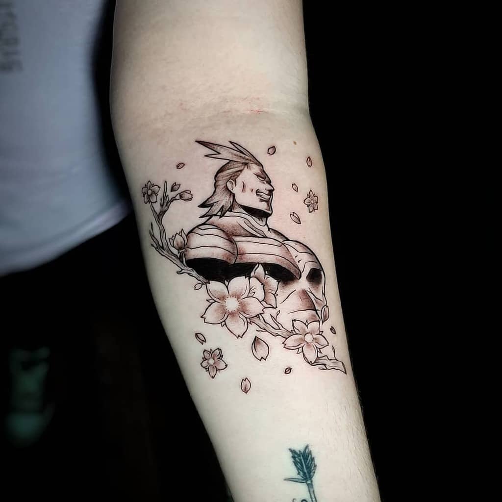 Elegant black and grey tattoo of All Might from My Hero Academia, surrounded by delicate cherry blossoms and falling petals