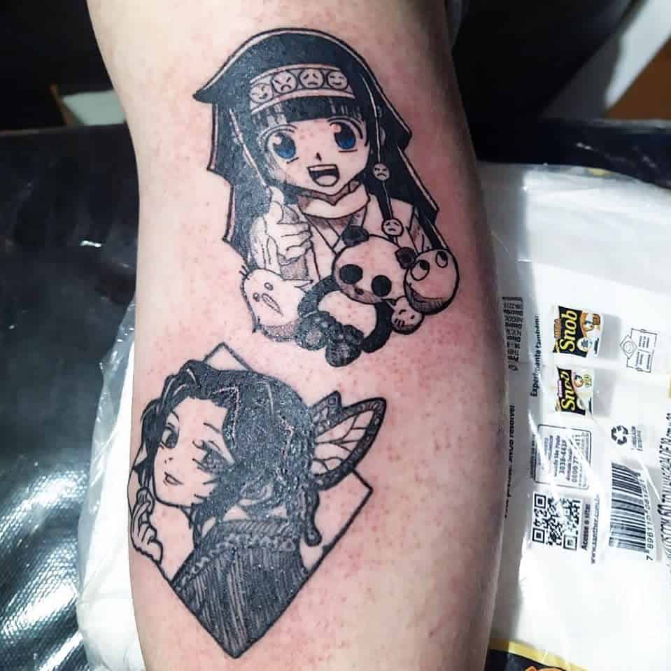 Black-ink tattoos featuring Alluka Zoldyck from Hunter x Hunter holding a panda plush and a delicate butterfly-themed character portrait