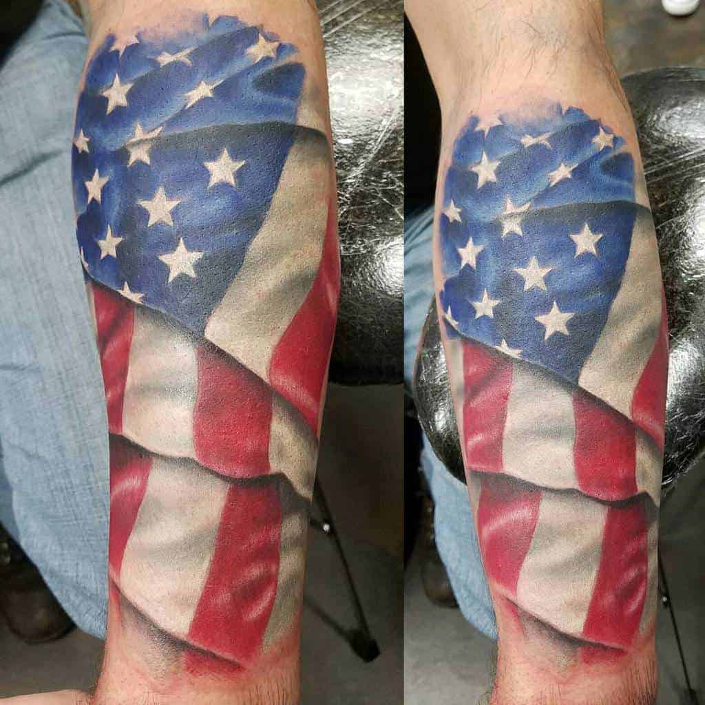 Tattoo of the American flag on a person's leg, shown from two different angles