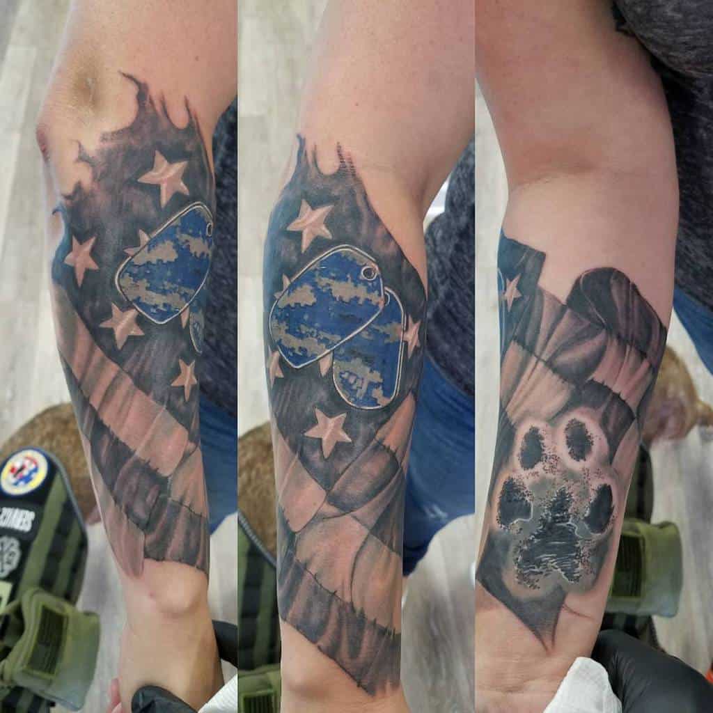 Three images of a forearm tattoo featuring a flag, dog tags, and a paw print