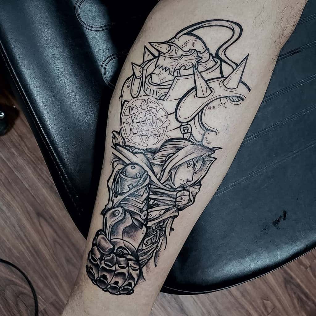 Black ink Fullmetal Alchemist tattoo of Edward and Alphonse Elric, featuring Ed’s automail fist and the transmutation circle