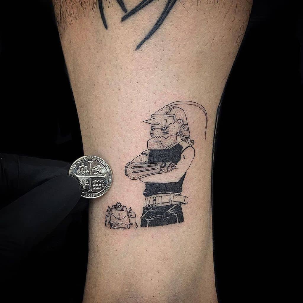 Minimalist black ink tattoo of Alphonse Elric from Fullmetal Alchemist, arms crossed, with a small armored figure beside him