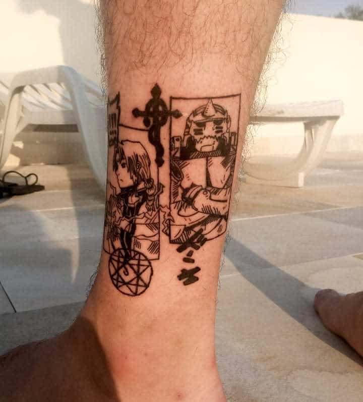 Black ink Fullmetal Alchemist tattoo featuring Edward and Alphonse Elric in manga panel style with bold lines and alchemy symbols