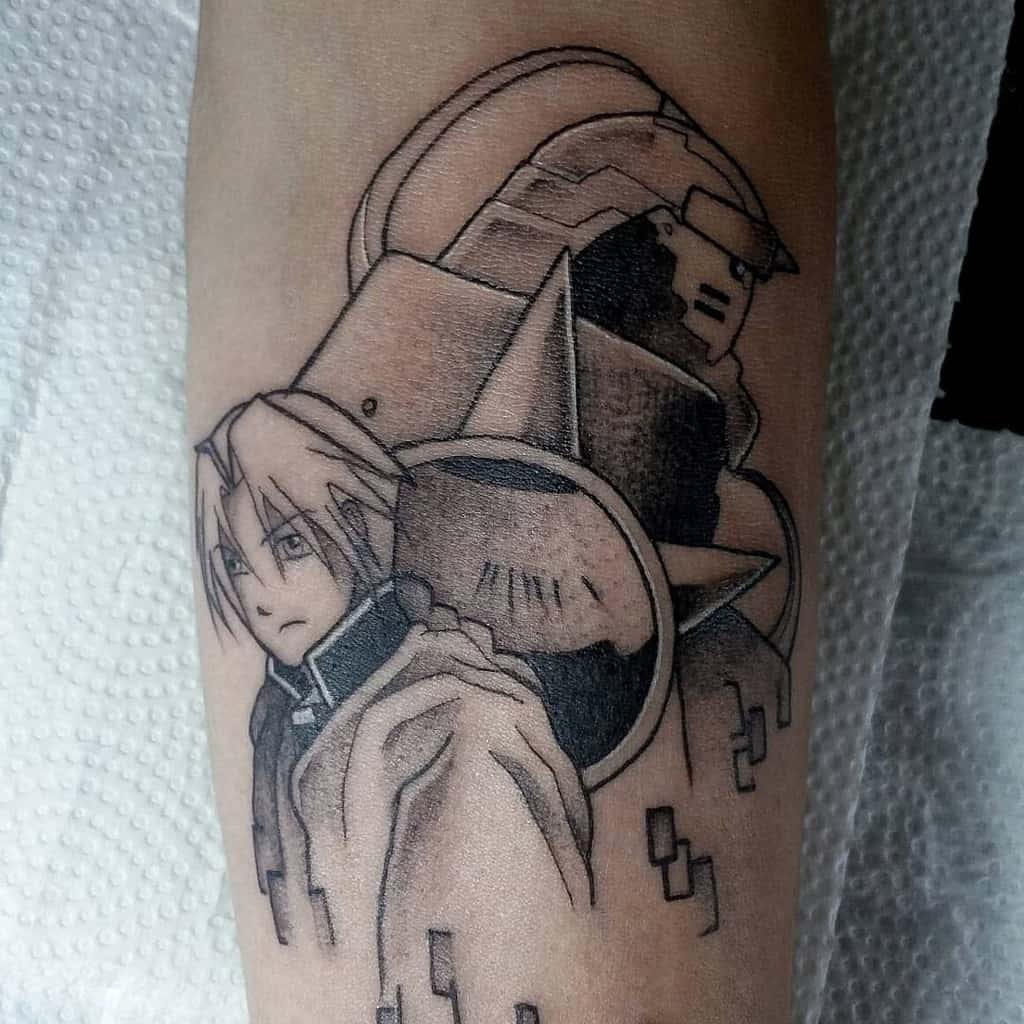 Black and grey tattoo of Edward and Alphonse Elric from Fullmetal Alchemist, featuring bold shading and geometric elements