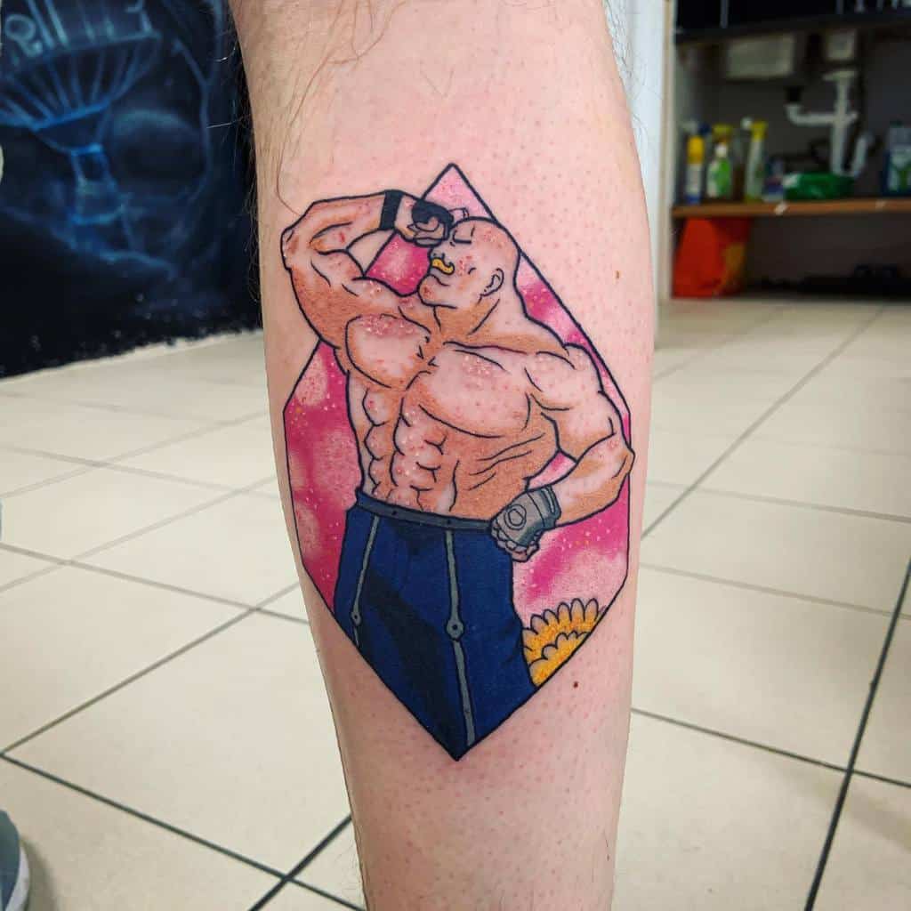 Colorful Fullmetal Alchemist tattoo of Major Armstrong flexing his muscles, set against a pink cosmic background with a sunflower