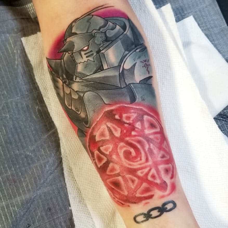 Fullmetal Alchemist tattoo of Alphonse Elric with a glowing red transmutation circle with chains below
